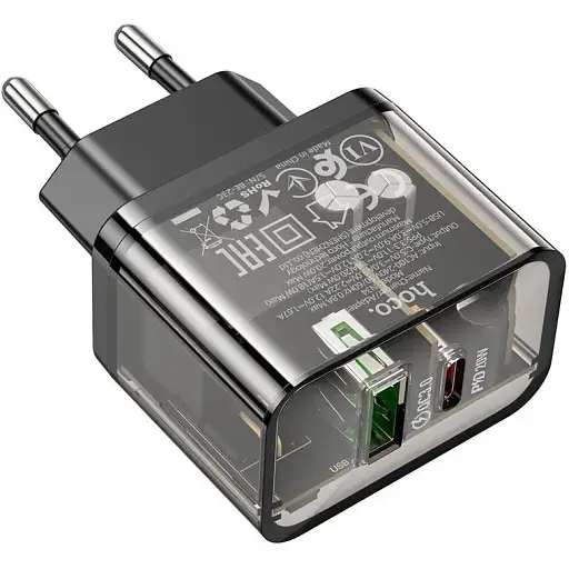 Зарядное устройство 2 выхода Hoco N34 dual-port 20W блок адаптер прозрачно черный - фото 1