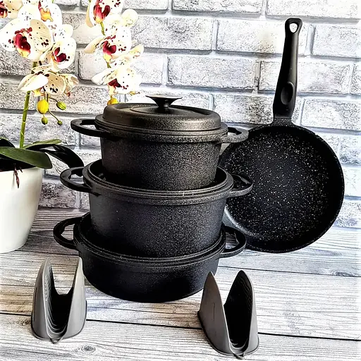 Набір каструль O.M.S. Collection 3050 з гранітно-мармуровим покриттям Чорний (Туреччина) - фото 3