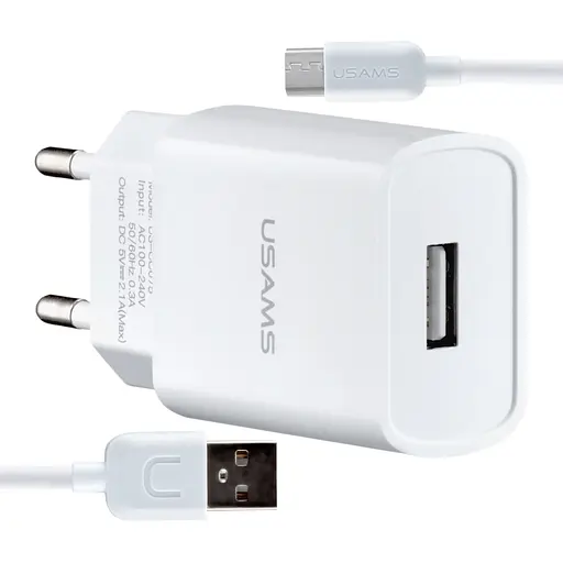 Мережевий зарядний пристрій Usams T21 Charger kit- T18 single USB EU charger + Micro cable Білий - фото 1