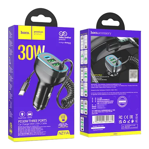Автомобильное зарядное устройство Hoco NZ11A 2USB/ Type-C PD 30W черный + кабель Type-C - фото 9