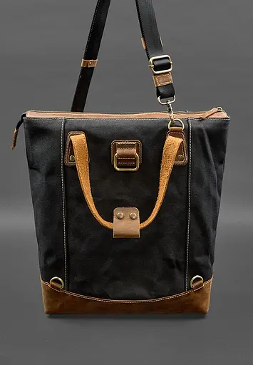 Сумка-рюкзак з канвасу та натуральної світло-коричневої шкіри - фото 6