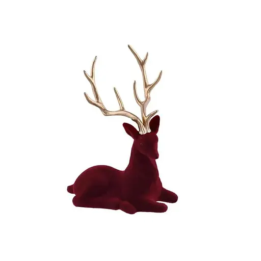 Декоративная новогодняя фигура Олень 20см сидячий с флоковым покрытием и глянцевыми рогами Бордо с золотым - фото 1