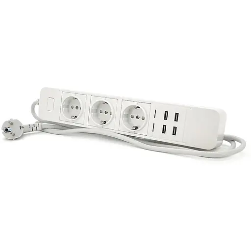 Мережевий фільтр з керуванням через WiFi, 3 Розетки + 4 USB, 2 м, перетин 3х0,75мм, Black / White, Box