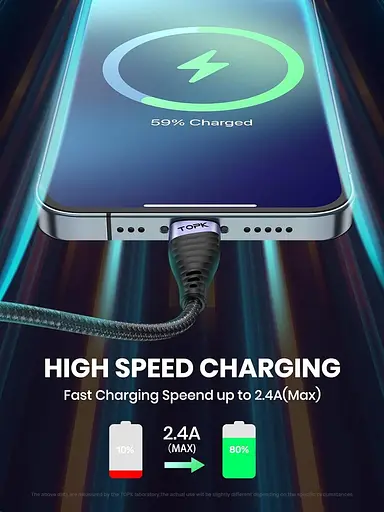 Кабель для заряджання iPhone TOPK, нейлоновий кабель преміумкласу USB-A до Lightning 2m MFI - фото 3