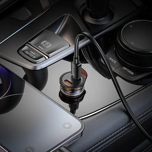 Автомобильное зарядное устройство Hoco NZ16B 2 Type-C PD 45W metal grey + кабель Type-C to Lightning - фото 2