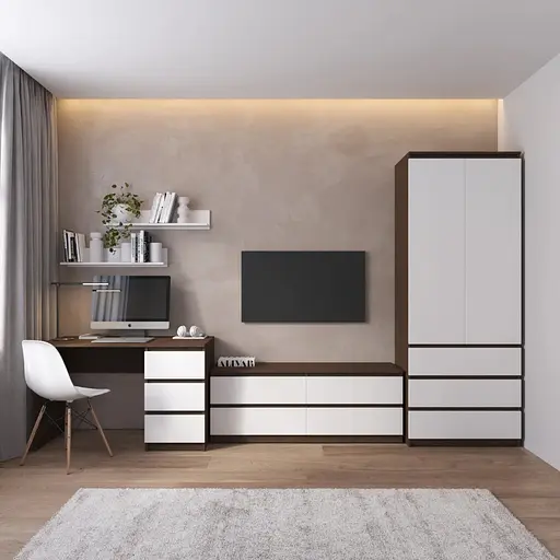 Комплект мебели в гостиную VAYS шкаф R-9, тумба R-6, стол R-1, полки М-22, венге темный-белый фасад