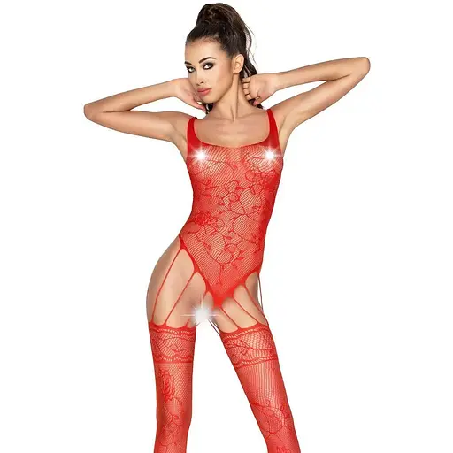 Бодістокінг Passion BS034 комбінезон імітація боді та панчохи S/M/L red