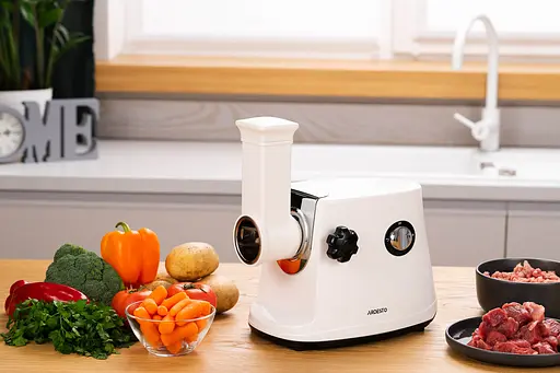 ARDESTO Мясорубка, 1600Вт, продук.-1.6кг/мин, 3 решетки + для ковб., кеббе, 3 терки, пластик, бело-серебристый - фото 6