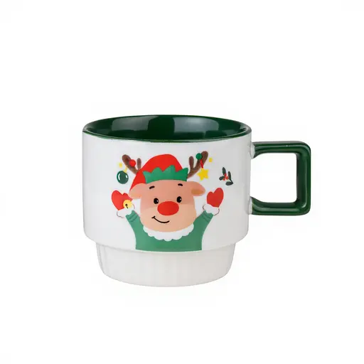 Новогодняя фарфоровая чашка для кофе и чая Новогодний олень 400 мл Белый с зеленым Yiwu FM-CS-50O