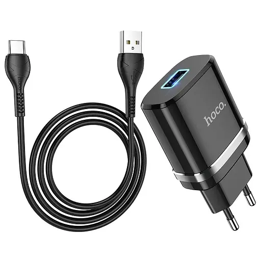 Сетевое зарядное устройство Hoco N1, 12W 2.4 A с USB-разъемом и кабелем Type-C черный - фото 3