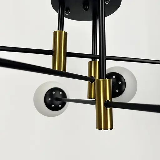 Стельова чорна люстра з латунною фурнітурою на 6 білих плафонів Ø 65 см | Line F | Арт. 81188/6 CP+BK+WT - фото 3
