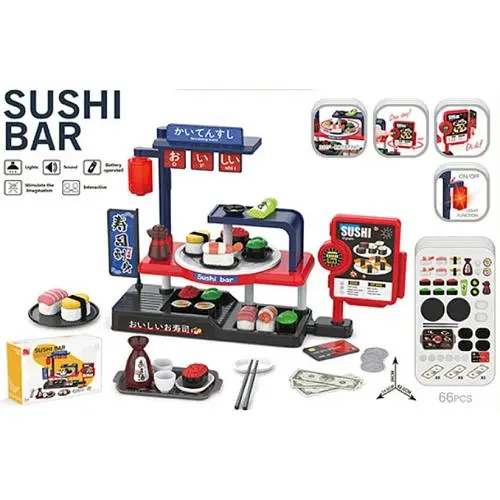 Набор "Суши-бар" 66 элементов, подсветка фонаря, звуковые эффекты кассы, суши, монеты, купюры, тарелки, палочки, соус в коробке - фото 2