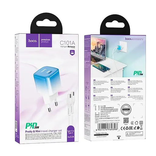 Адаптер сетевой HOCO Type-C to Type-C cable single port charge set C101A |Type-C, PD, 3A/20W| - фото 2