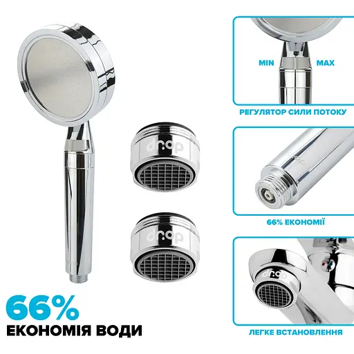 Набор для экономии воды Drop PM2+NANO100G (лейка для душа + 2 аэратора) - Экономия 66% - фото 2