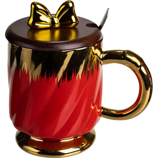 Чашка порцелянова Ribbon 450 мл з кришкою та ложкою червоний FM-23C