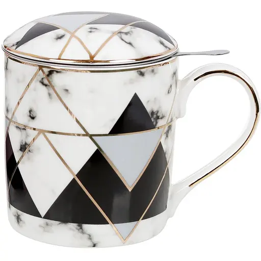 Кухоль порцеляновий з металевим ситом BonaDi Мармурова геометрія 380 мл (331-733)