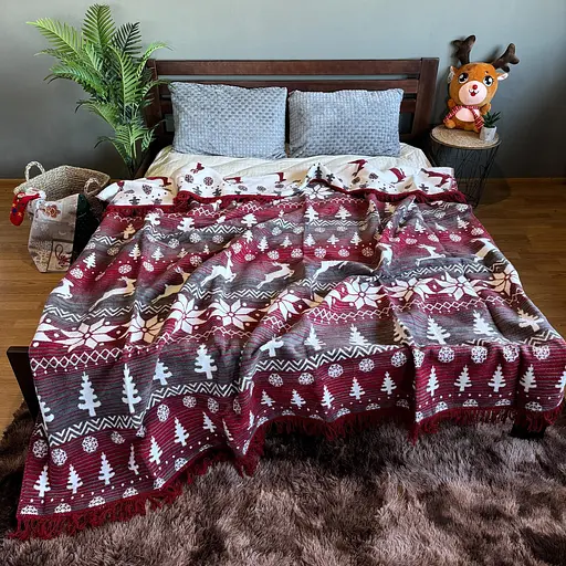 Плед покривало Bridge двосторонній Євро Бордові олені зимовий 200х220 Бавовна Червоний