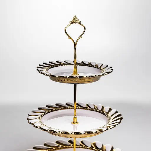 Фруктовница круглая Yiwu Tiffany трехярусная для сервировки фруктов и сладостей 25х33 см фарфоровая стойка для закусок бежевая ML2085 - фото 5