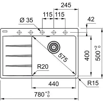 Кухонна мийка Franke Centro, фраграніт, прямокутник, з крилом, 780х500х200мм, чаша - 1, врізна, CNG 611-78 TL, сірий камінь - фото 3