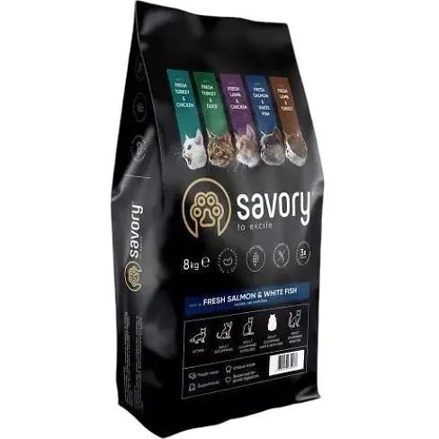 Сухой корм Savory для длинношерстных кошек со свежим лососем и белой рыбой 8 кг - фото 1