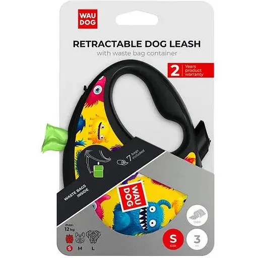 Повідець-рулетка для собак Waudog R-leash з контейнером для пакетів, малюнок "Мохнаті монстри", світловідбивна стрічка, S - фото 3