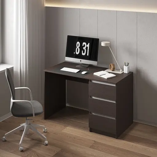 Комп'ютерний стіл Vays, письмовий, сучасний, з тумбою справа, 3 шухляды з фасадами без ручок R-1 Венге Темний-Білі планки