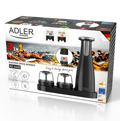 Набор из 3 мельниц для специй, соли и перца Adler AD 4449 на USB black - фото 7