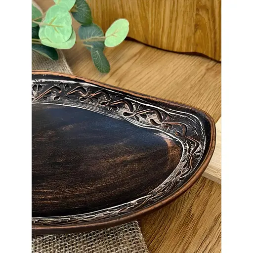 Блюдо овальне керамічне (глиняне) різьблене 1 л Ангоб - фото 3