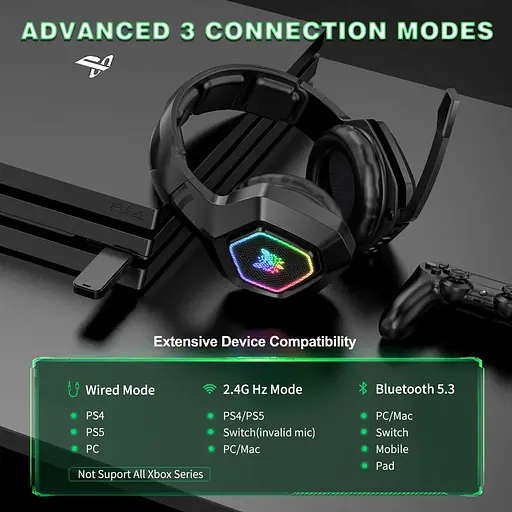 Геймерские игровые Bluetooth наушники Onikuma B100 с выдвижным микрофоном и LED подсветкой Black - фото 7