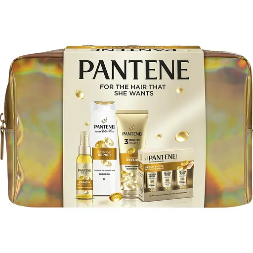 Подарунковий набір Pantene Pro-V Інтенсивне відновлення: шампунь 250 мл + бальзам-ополіскувач 220 мл + олія для волосся 100 мл + поживний коктейль в ампулах 3x15 мл + косметичка