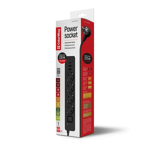 Мережевий фільтр-подовжувач СolorWay 4 розетки/3USB (2USB-A + 1 TYPE-C) (24W) Black 2 м (CW- CHE432PDB) - фото 12