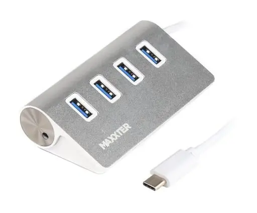 USB-Хаб Maxxter USB Type-C 4хUSB3.0 Silver (HU3С-4P-01) - фото 1