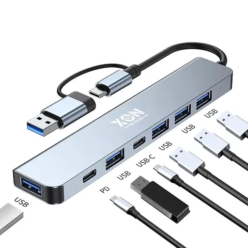 USB-хаб XON SmartHub 7 в 1 (2xType-C, USB3.0, 4xUSB2.0) Серый (UHUHP071342G 5184) - фото 2