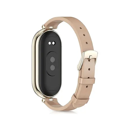 Шкіряний ремінець MiJobs для фітнес-браслета Xiaomi Mi Band 8 і 9 Type B бежевий, тримач - золотистий - фото 2