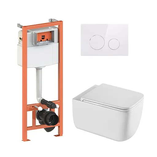 Подвесной унитаз Qtap Gemini Ultra Quiet + инсталляция Qtap Nest 4 в 1 (круглая клавиша White), Белый - фото 1