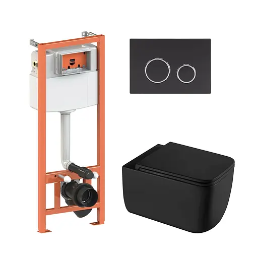 Подвесной унитаз Qtap Gemini Ultra Quiet + инсталляция Qtap Nest 4 в 1 (круглая клавиша Black mate), Черный матовый - фото 1