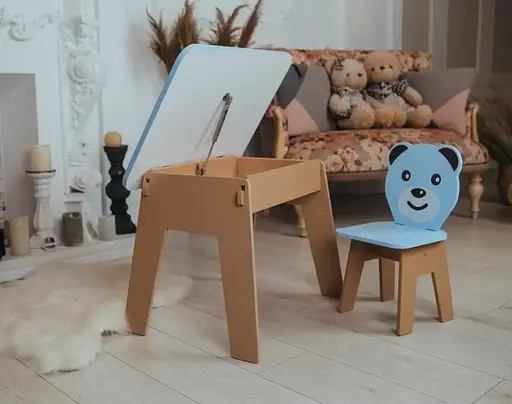 Дитячий стіл з ящиком + стільчик для навчання та гри (Синій з ведмедиком) - фото 3