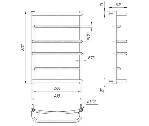 Водяна рушникосушка Mario Люкс 600x430/400, Хром - фото 2