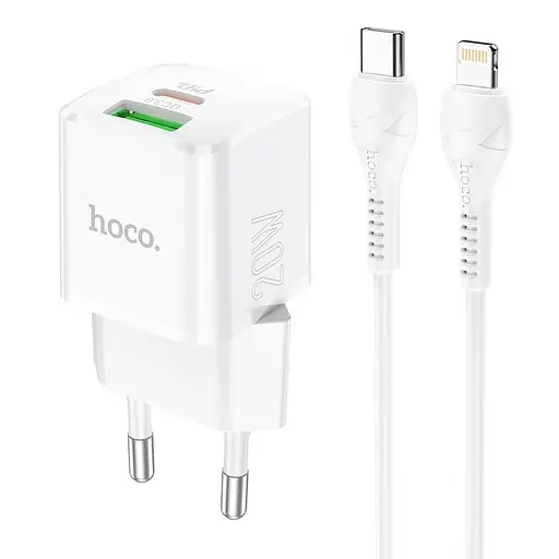 Адаптер сетевой HOCO Type-C для Lightning Cable Prestige charger set N20 |1USB/1Type-C, 20W, 3A, QC/PD| - фото 1