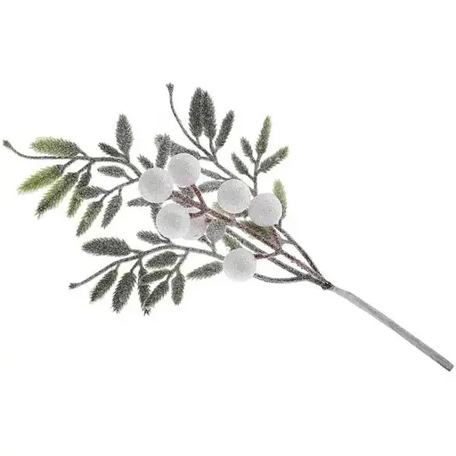 Декоративная глиттерная ветка с зелеными листьями и белыми ягодами 35 см - фото 1