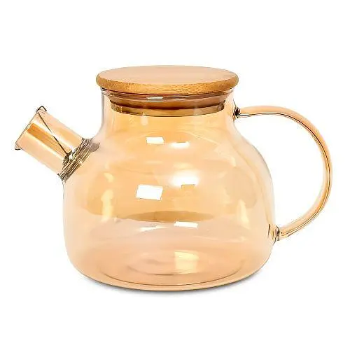 Заварник-графин 800 мл с ситом и бамбуковой крышкой. Стеклянный чайник [MD]