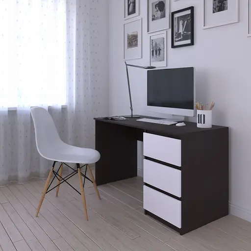 Комп'ютерний стіл Vays, письмовий, сучасний, з тумбою справа, 3 шухляды з фасадами без ручок R-1 Венге Темний-Білий фасад - фото 2