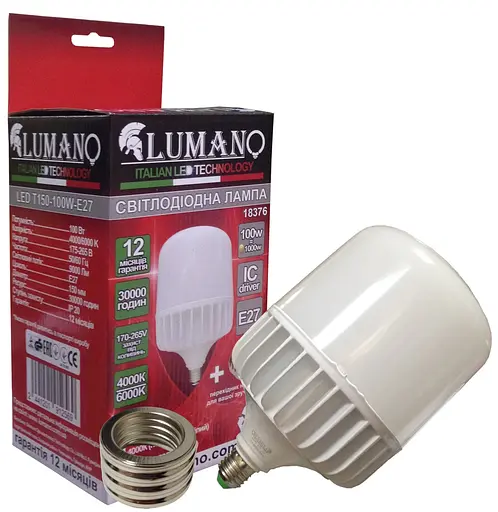 Лампа високопотужна 100вт LED T150 100W E27 з перехідником на Е40 6000K 9000Lm TM LUMANO + ПОДАРУНОК - фото 1
