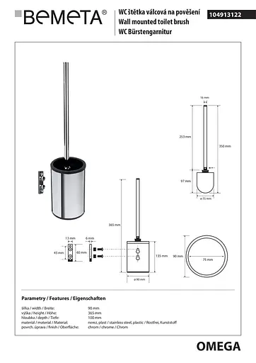 Туалетний йоржик Bemeta Omega з тримачем настінний 104913122, Хром - фото 2