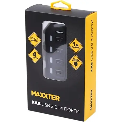 USB-Хаб Maxxter USB 2.0 HU2A-4P-AC-02 Type-A на 4 порти, 1м Type-B кабель, 5V1A зарядка в комплекті, пластик, чо (HU2A-4P-AC-02) - фото 4