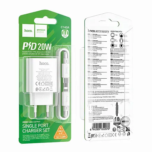 Мережевий зарядний пристрій Hoco C143A USB Type-C та Lightning PD 20 Вт швидке заряджання - фото 2