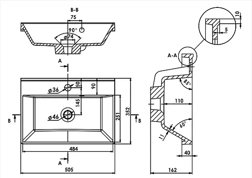 Раковина глянцева врізна Amidicon Rubicon 50 505x352 з литого каменю RUBICON_50_HL, Білий - фото 6