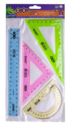 Комплект, лінійка 20 см, 2 косинці, транспортир, тоновані (В асортименті)