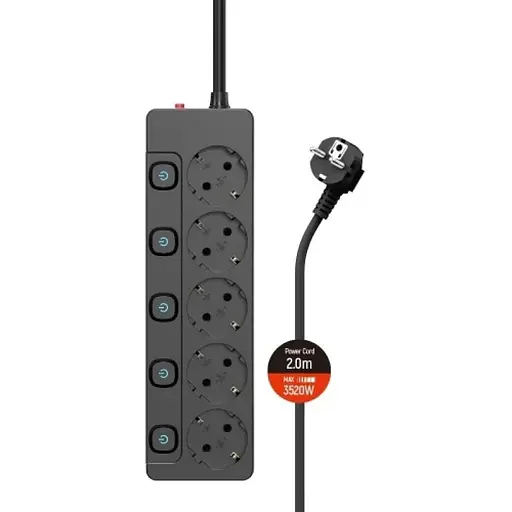 Фільтр мережевий ColorWay, 5 розеток, 2 м, Black, 16А, до 3.5 кВт, індивідуальний вимикач, заземлення, 3x1.5 мм2 (CW-PSEA52SBK)
