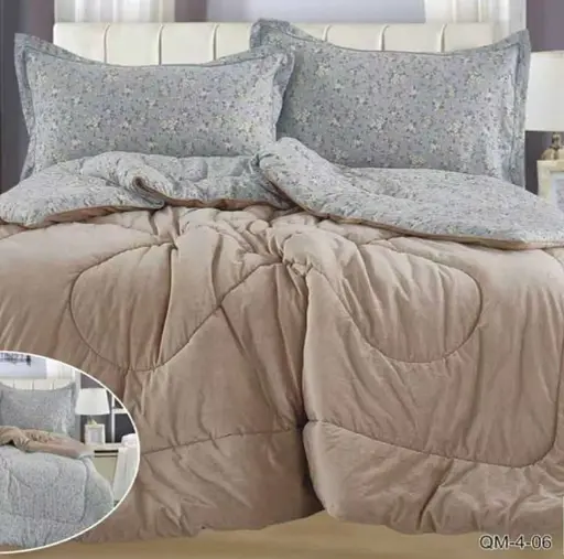 Постільна білизна Laura Grand 4 сезони QM-4-06 комбінована - зимова велюр євро комплект бежевий - фото 1